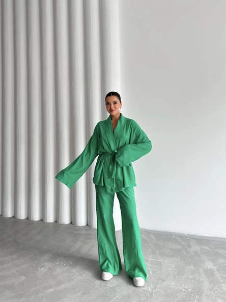 Yeşil Şal Yaka Kimono Pantolon Takım - 7