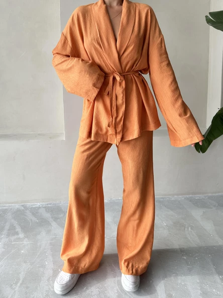 Turuncu Şal Yaka Kimono Pantolon Takım