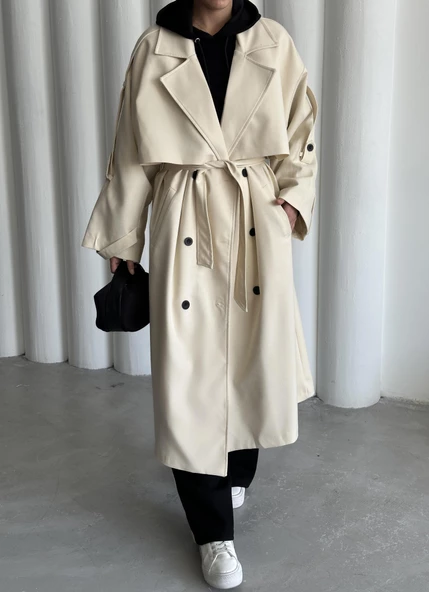 Taş Lucky Düğme Detaylı Oversize Trençkot - 3