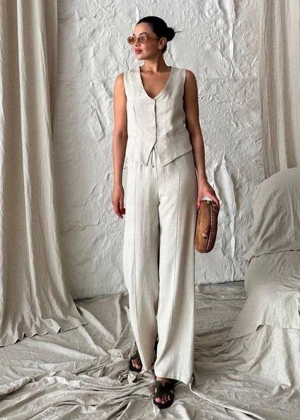 Taş %100 Pamuk Lavin Keten Yelek Pantolon Takım - Resim 2