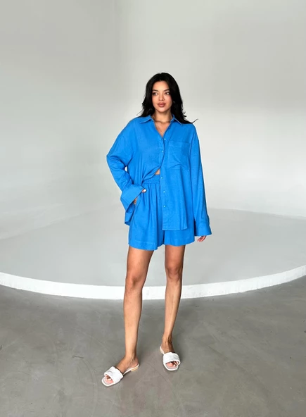 Mavi Summer Keten Oversize Gömlek Şort Takım - 3