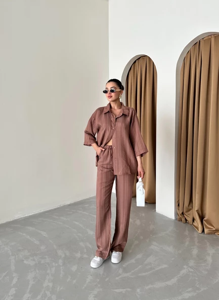 Kahve Fakir Kol Kendinden Çizgili Takım - Resim 3