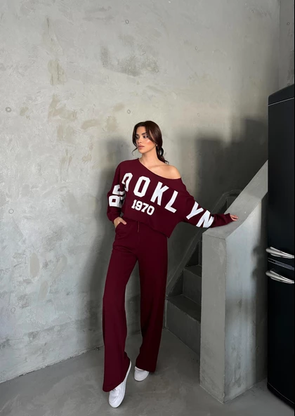 Bordo Brooklyn 1970 Baskılı Eşofman Takımı - 8
