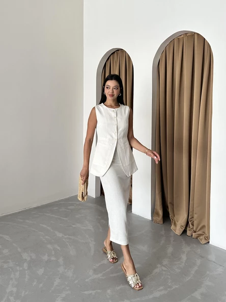 Taş %100 Pamuk Yırtmaçlı Kalem Etek Yelek Takım - Resim 4