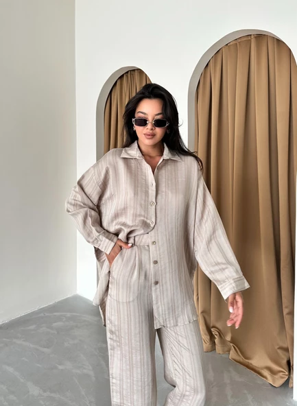 Vizon Free Kendinden Çizgili Gömlek Pantolon Takım - 7