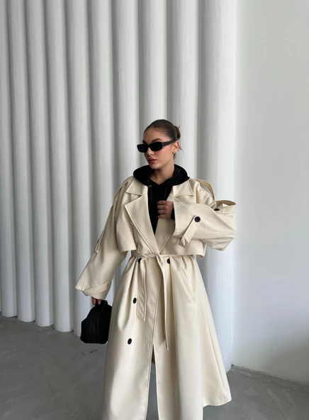 Taş Lucky Düğme Detaylı Oversize Trençkot - 9