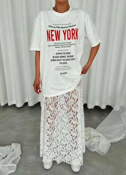 Beyaz Uzun Tül Etek T-shirt Takım