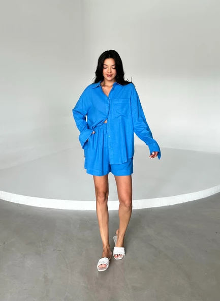 Mavi Summer Keten Oversize Gömlek Şort Takım - 4