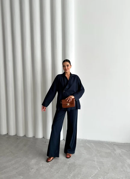 Lacivert %100 Pamuk Kruvaze Kapama Tek Düğmeli Kimono Pantolon Takım - 7