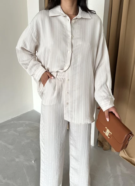 Bej Free Kendinden Çizgili Gömlek Pantolon Takım - 2