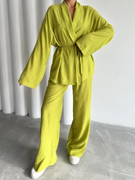 Fıstık Şal Yaka Kimono Pantolon Takım - 2
