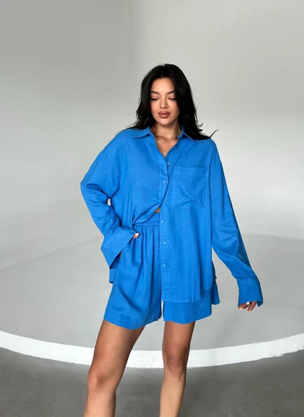Mavi Summer Keten Oversize Gömlek Şort Takım - 5