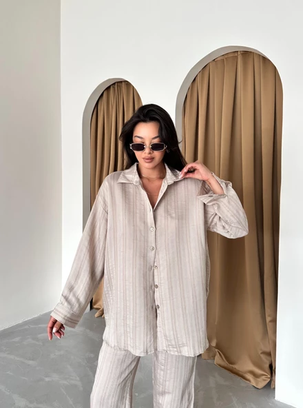 Vizon Free Kendinden Çizgili Gömlek Pantolon Takım - 3