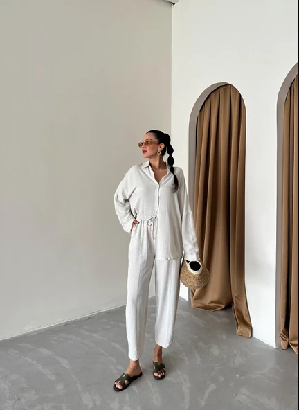Natural Keten Gömlek Şalvar Pantolon Alt Üst Takım - Resim 5