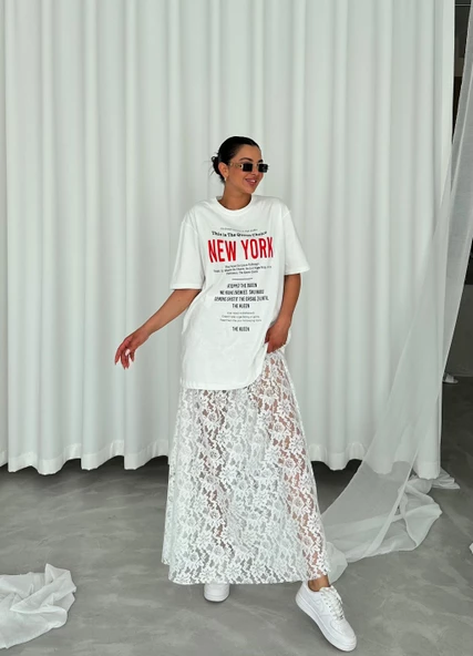 Beyaz Uzun Tül Etek T-shirt Takım - 3