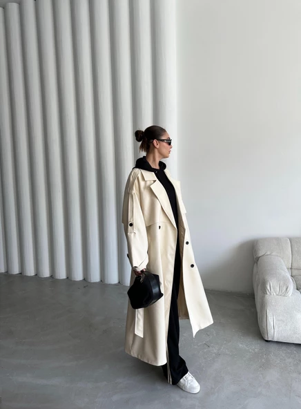 Taş Lucky Düğme Detaylı Oversize Trençkot - 11