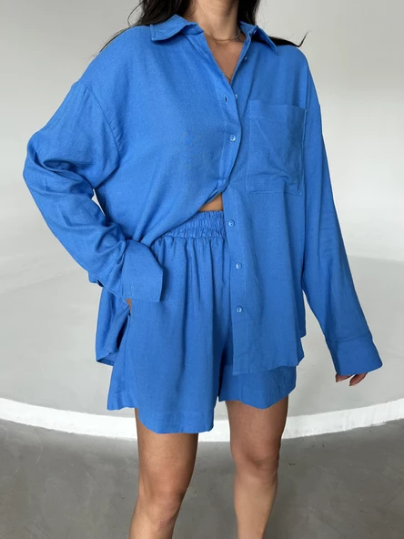 Mavi Summer Keten Oversize Gömlek Şort Takım - 2