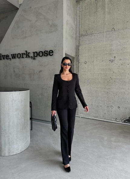 Siyah Premium Yuvarlak Yaka Ceket Pantolon Takım - Resim 5