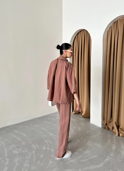 Kahve Fakir Kol Kendinden Çizgili Takım - Resim 6