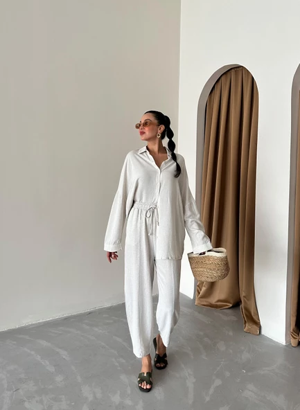Natural Keten Gömlek Şalvar Pantolon Alt Üst Takım - Resim 4