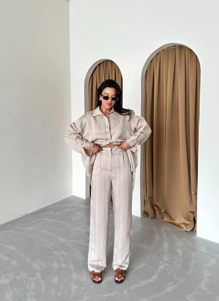 Vizon Free Kendinden Çizgili Gömlek Pantolon Takım - 6