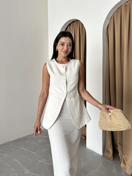 Taş %100 Pamuk Yırtmaçlı Kalem Etek Yelek Takım - Resim 3