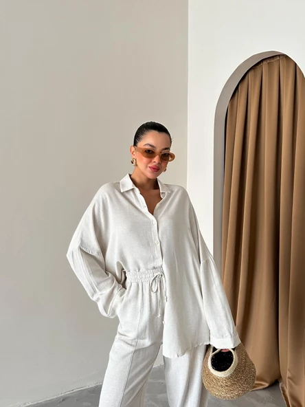 Natural Keten Gömlek Şalvar Pantolon Alt Üst Takım - Resim 3