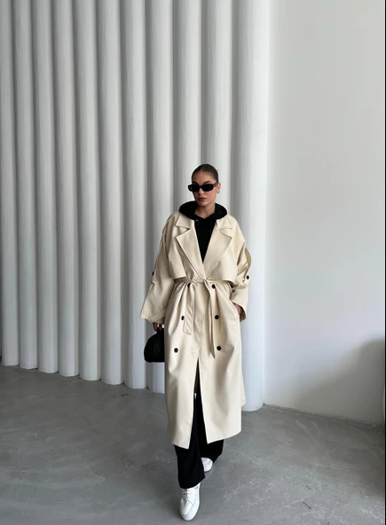 Taş Lucky Düğme Detaylı Oversize Trençkot - 7