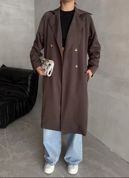 Kahve Dökümlü Astarsız Uzun Trençkot - 4
