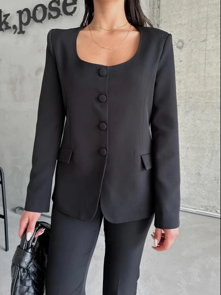 Siyah Premium Yuvarlak Yaka Ceket Pantolon Takım - Resim 3