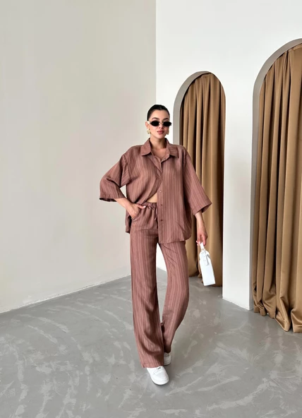 Kahve Fakir Kol Kendinden Çizgili Takım - Resim 5