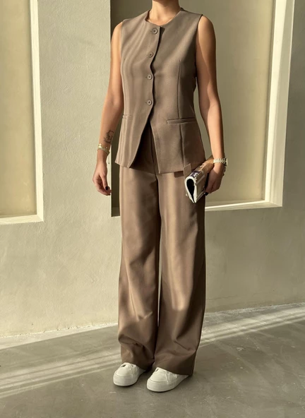 Koyu Kahve Camille Klasik Düğmeli Yelek Pantolon Takım - 2