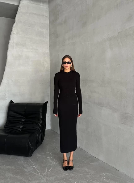 Siyah Slim Esnek Triko Eteklı Takım - Resim 4