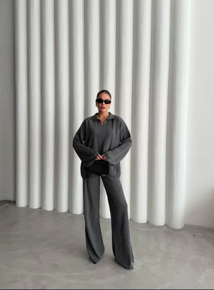 Antrasit Freya Polo Yaka Fitilli Triko Takım - Resim 6