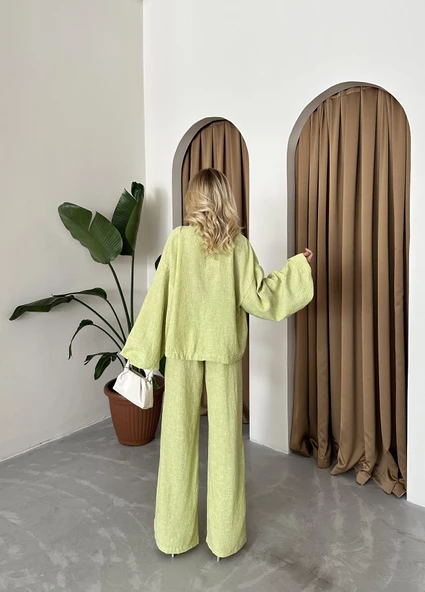 Fıstık Yeşili Önü Bağlamalı Balon Kol Gömlek Pantolon Takım - Resim 9