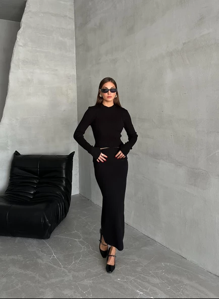 Siyah Slim Esnek Triko Eteklı Takım - Resim 6