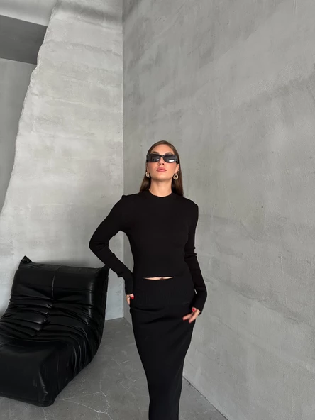 Siyah Slim Esnek Triko Eteklı Takım - Resim 8