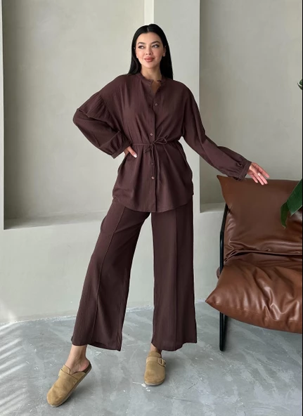 Kahve Vanessa Bel Bağlı Balon Kol Takım