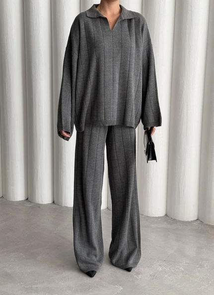 Antrasit Freya Polo Yaka Fitilli Triko Takım - Resim 2