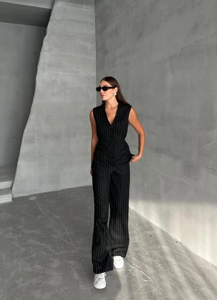 Siyah Çok Düğmeli Çizgili Premium Takım - Resim 6