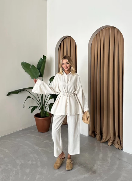 Natural Beli Bağlama İpi Detaylı Geniş Kol Gömlek Pantolon Takım - 4
