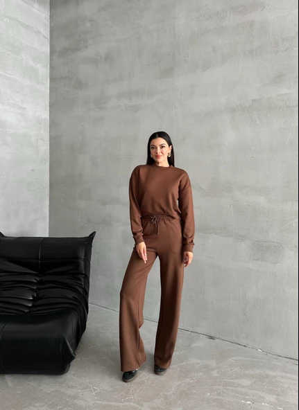 Kahve Sweat Geniş Paçalı Pantolon Takım - Resim 6