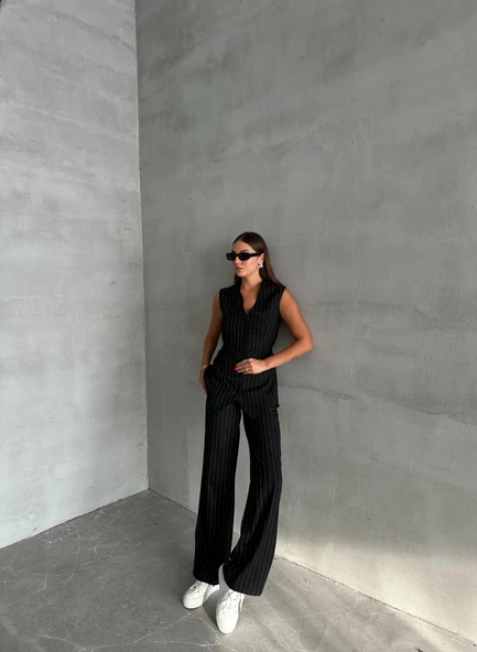 Siyah Çok Düğmeli Çizgili Premium Takım - Resim 9