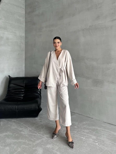 Taş Lisa Yan Bağlamalı Pantolon Takım - 4