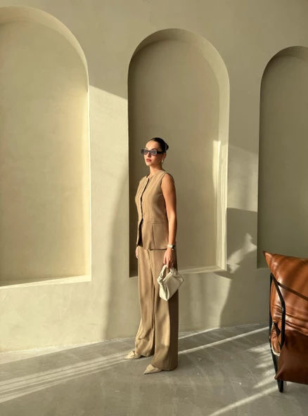 Haki Camille Klasik Düğmeli Yelek Pantolon Takım - 7