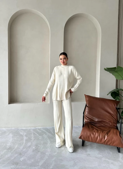 Krem Clara Çimalı Pantolon Triko Takım - 6
