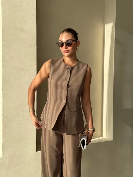 Koyu Kahve Camille Klasik Düğmeli Yelek Pantolon Takım - 5