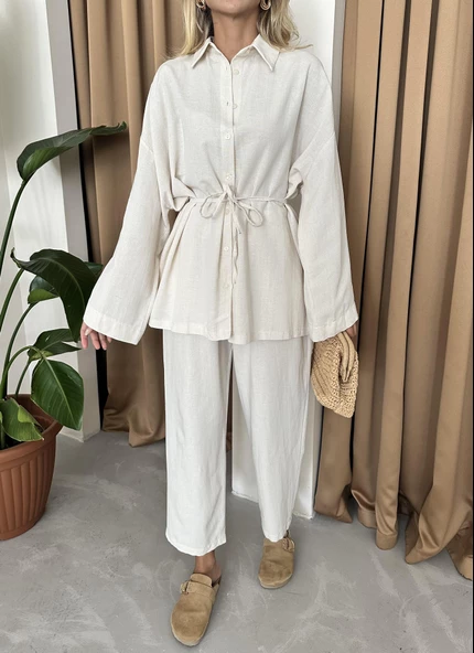 Natural Beli Bağlama İpi Detaylı Geniş Kol Gömlek Pantolon Takım