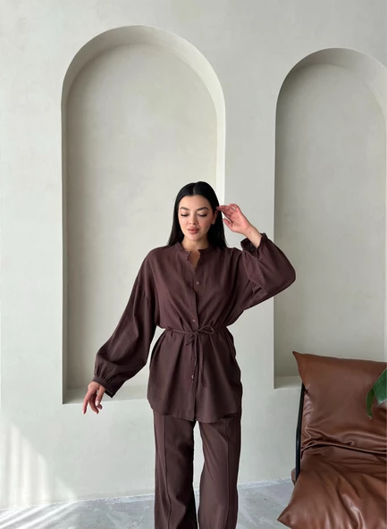 Kahve Vanessa Bel Bağlı Balon Kol Takım - 8