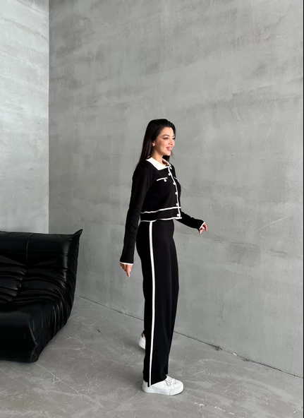 Siyah Classy Polo Yaka Kontrast Şeritli Triko Takım - 5